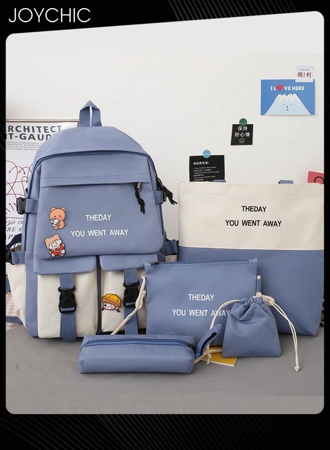 Joychic طقم حقيبة مدرسية كبيرة السعة من 5 قطع بأسلوب جديد حقيبة مدرسية مقاومة للماء مع حقيبة أقلام للطلاب في المرحلة المتوسطة والثانوية والجامعة باللون الأزرق - Image 1