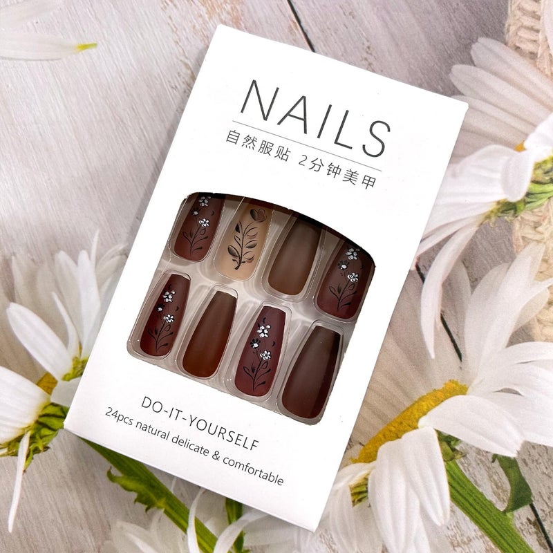 CJDLTS Brown Press on Nails Medium Matte Fake Nails Brown Flower Pattern Design Artificial Nails Solid Color Press Nails Full Cover Ballet Shaped Nails Acrylic Stick on Nails 24Pcs Glue on Nails for Women - Image 5