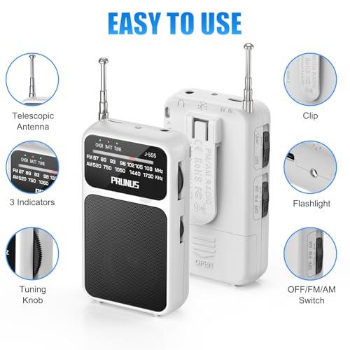 PRUNUS J-555 Pocket Radio fm for home MW/AM Built-in Battery USB-C Charging&AA Battery Operated Small Radios,Excellent Reception Earphone Jack Back Clip Flashlight Portable Mini USB-C Charging Lanyard - Image 4