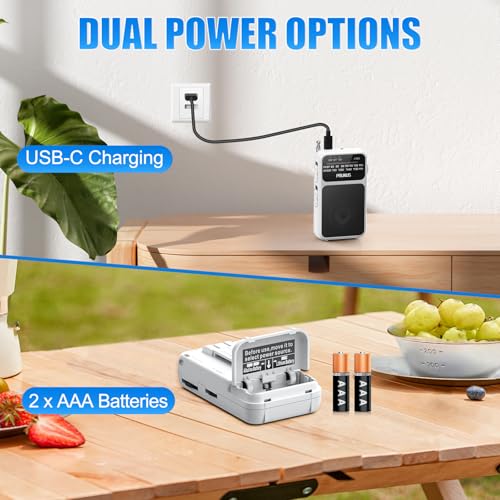 PRUNUS J-555 Pocket Radio fm for home MW/AM Built-in Battery USB-C Charging&AA Battery Operated Small Radios,Excellent Reception Earphone Jack Back Clip Flashlight Portable Mini USB-C Charging Lanyard - Image 2