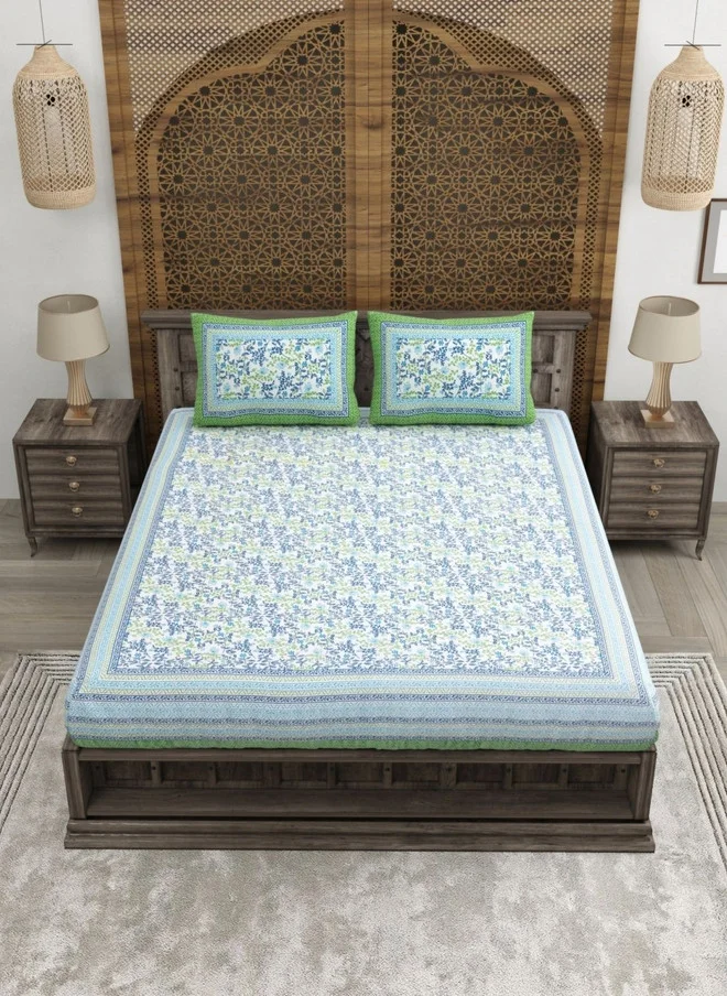 CLOTHOLOGY CLOTHOLOGY Blue Ethnic Motifs 180 TC Pure Cotton King Bedsheet Set