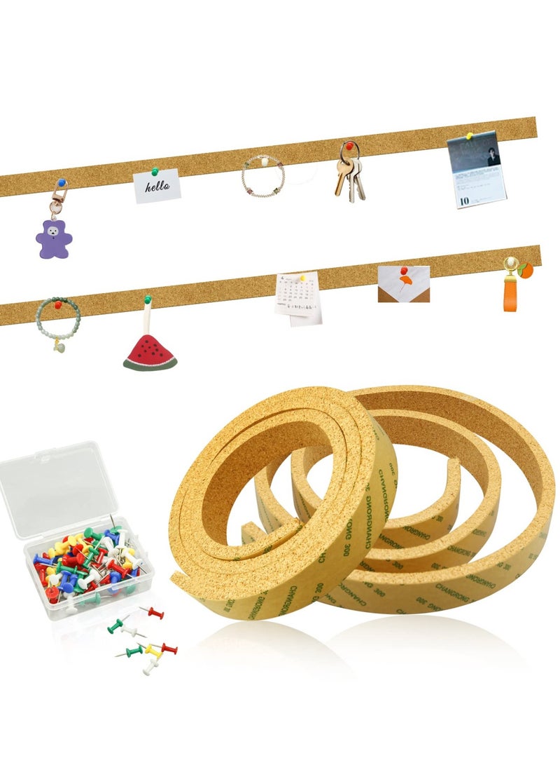 Excefore Frameless Cork Board Strips - 2 Rolls of Self-Adhesive Cork Roll with 50 Push Pins ,Self Adhesive Notice Memo Board Pin Board Cork Coards for Walls Office Bedrooms Decoration - Image 1