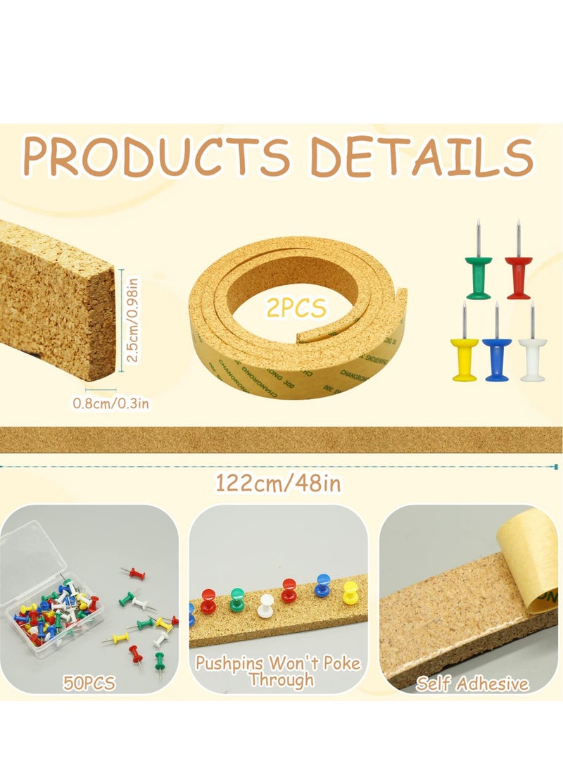 Excefore Frameless Cork Board Strips - 2 Rolls of Self-Adhesive Cork Roll with 50 Push Pins ,Self Adhesive Notice Memo Board Pin Board Cork Coards for Walls Office Bedrooms Decoration - Image 4
