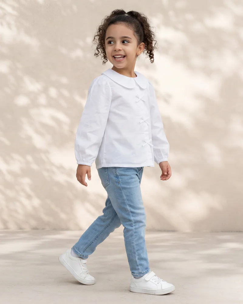 Redtag Girls White Peter Pan Collar Long Sleeve Blouse