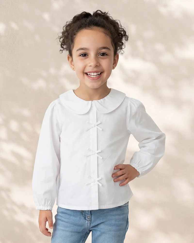 Redtag Girls White Peter Pan Collar Long Sleeve Blouse