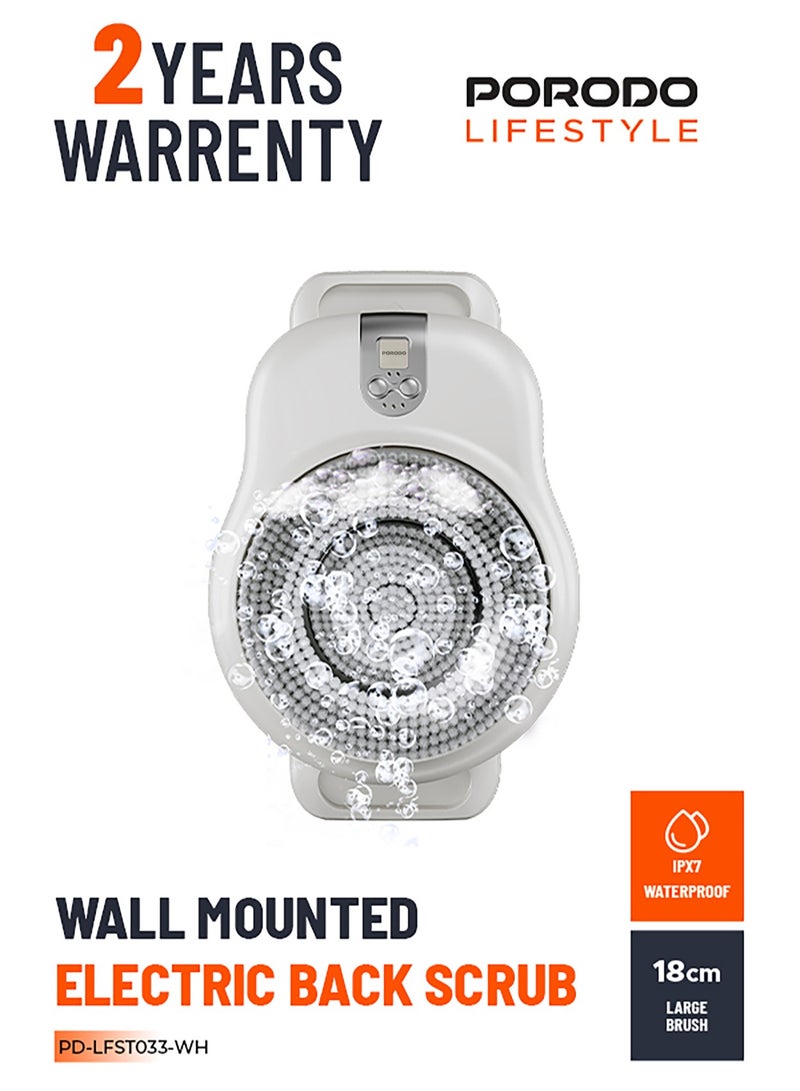 porodo Wall Mounted Electric Back Scrub with Interchangeable Brush Heads / High-Frequency Vibration / Relax Cleanse and Exfoliate / Full Coverage Cleansing - White - Image 1