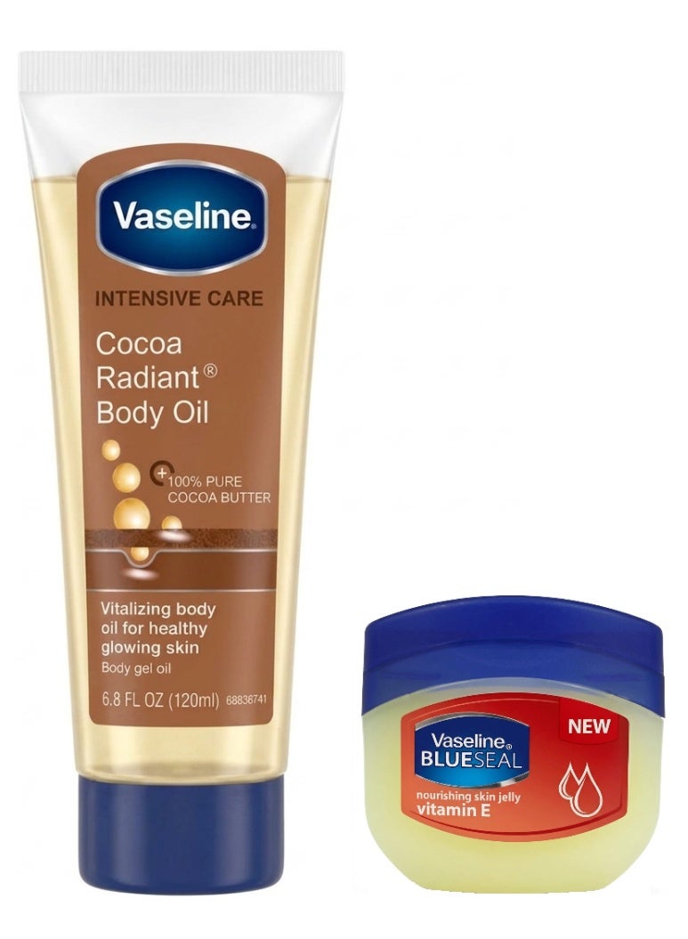Vaseline Intensive Care Cocoa Radiant Body Gel Oil 120Ml plus Vaseline Blue Seal With Vitamin E Petroleum Jelly 50Ml - Image 1