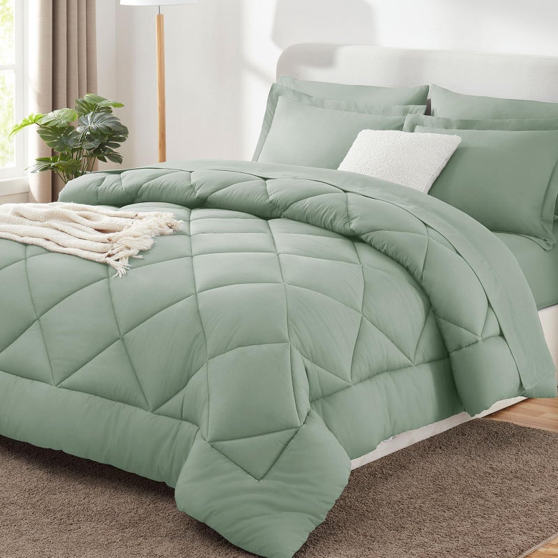 CozyLux Twin Comforter Set with Sheets 5 Pieces Bed in a Bag Sage Green All Season Bedding Sets with Comforter Pillow Shams Flat Sheet Fitted Sheet and Pillowcases