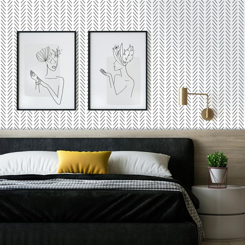 Erfoni Black and White Peel and Stick Wallpaper Modern Herringbone Contact Paper Bathroom 17.7inch x 118.1inch Geometric Removable Wallpaper Peel and Stick Self Adhesive Contact Paper for Accent Wall - Image 2