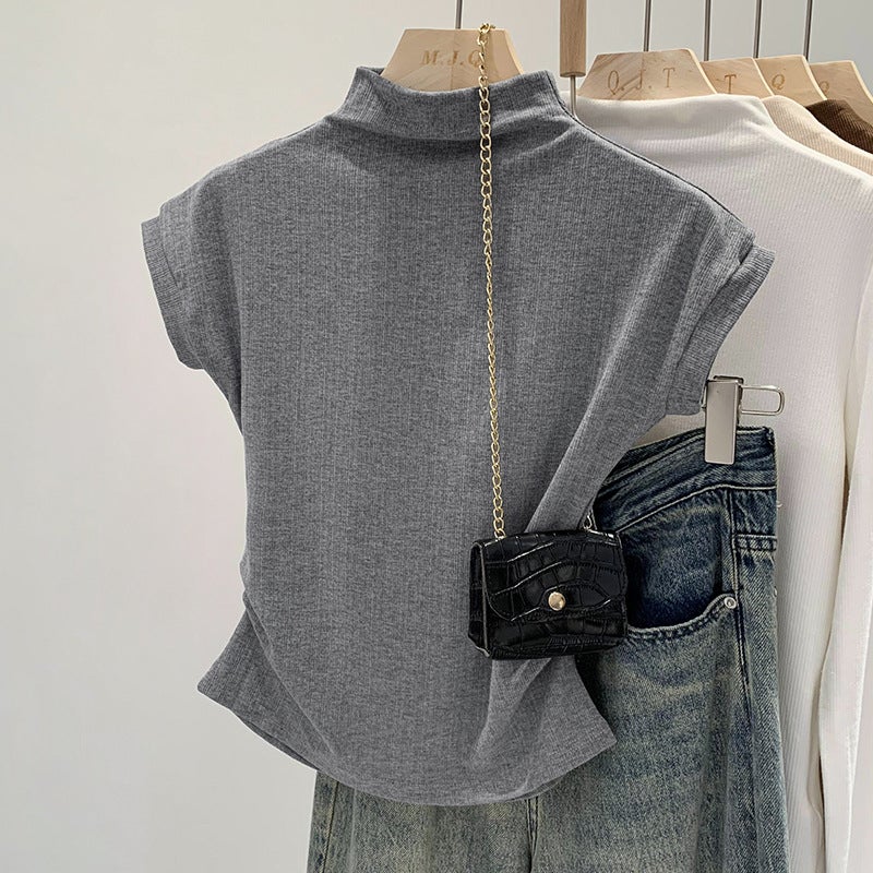 Girls Half High Collar Waist Shoulder Short Sleeve T-Shirt Women'S 2024 Niche Chic Inside - Image 1