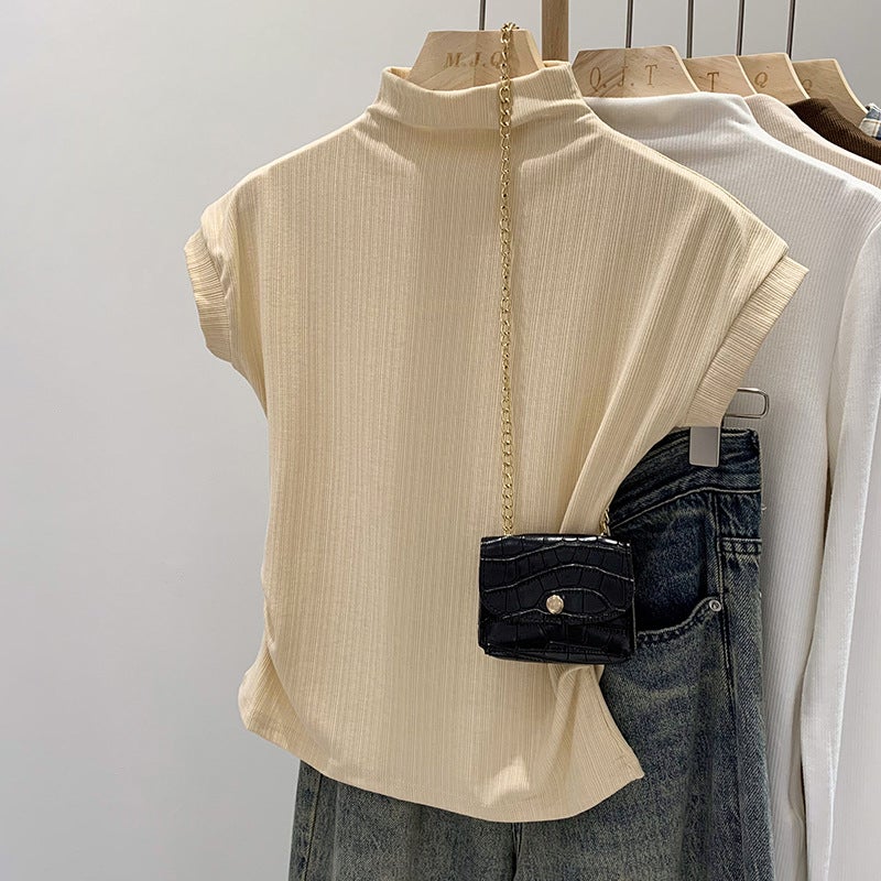 Girls Half High Collar Waist Shoulder Short Sleeve T-Shirt Women'S 2024 Niche Chic Inside - Image 5