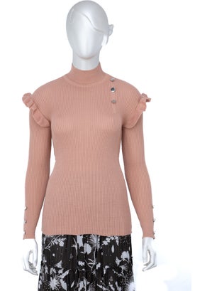 Oppland Women's Winter Sleeves Stylish Button Detailed Half Collar Ruffled Shoulders Long Sleeve Fitted Lycra Knitted Knitwear Badi Sweater  - Image 1