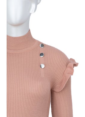 Oppland Women's Winter Sleeves Stylish Button Detailed Half Collar Ruffled Shoulders Long Sleeve Fitted Lycra Knitted Knitwear Badi Sweater  - Image 2