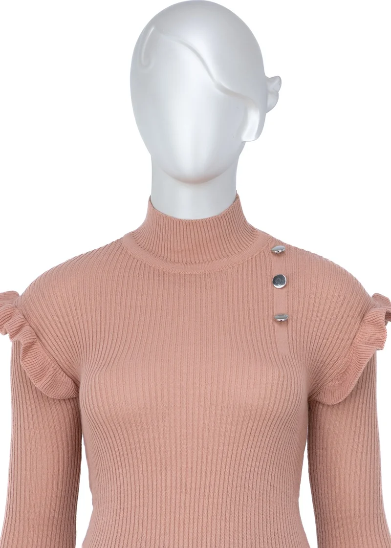 Oppland Women's Winter Sleeves Stylish Button Detailed Half Collar Ruffled Shoulders Long Sleeve Fitted Lycra Knitted Knitwear Badi Sweater