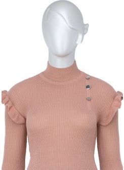 Oppland Women's Winter Sleeves Stylish Button Detailed Half Collar Ruffled Shoulders Long Sleeve Fitted Lycra Knitted Knitwear Badi Sweater  - Image 4