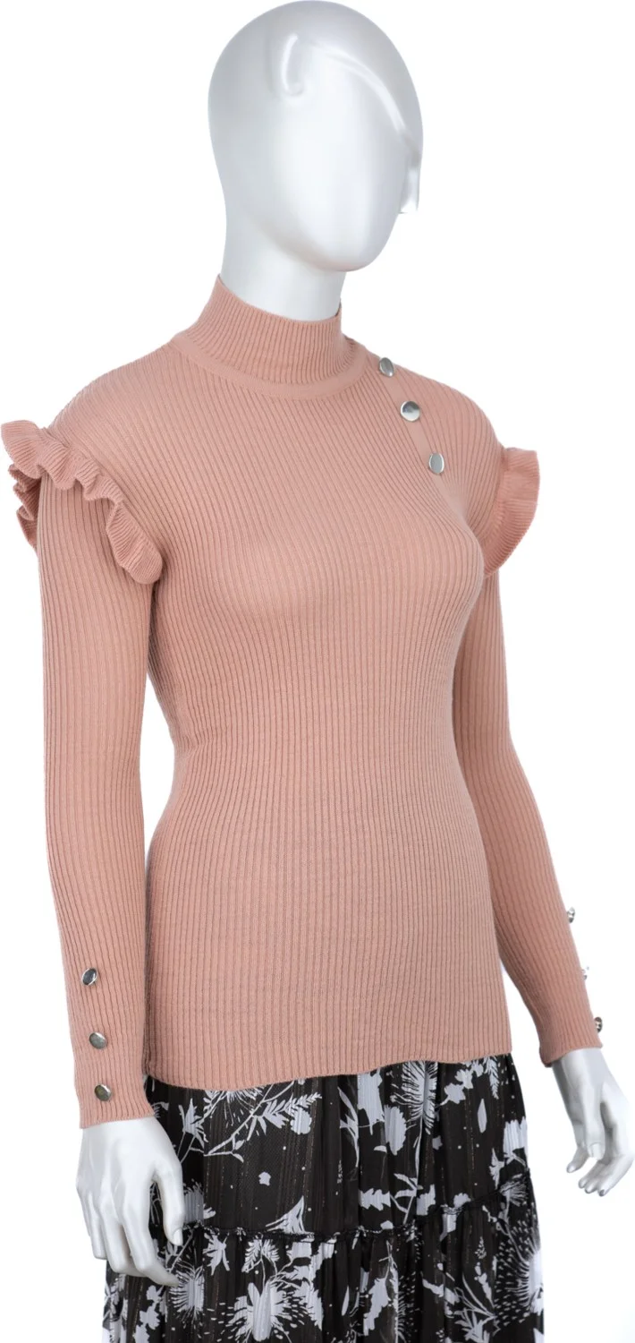 Oppland Women's Winter Sleeves Stylish Button Detailed Half Collar Ruffled Shoulders Long Sleeve Fitted Lycra Knitted Knitwear Badi Sweater