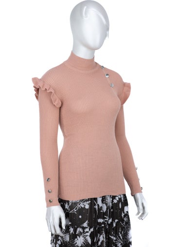 Oppland Women's Winter Sleeves Stylish Button Detailed Half Collar Ruffled Shoulders Long Sleeve Fitted Lycra Knitted Knitwear Badi Sweater  - Image 5