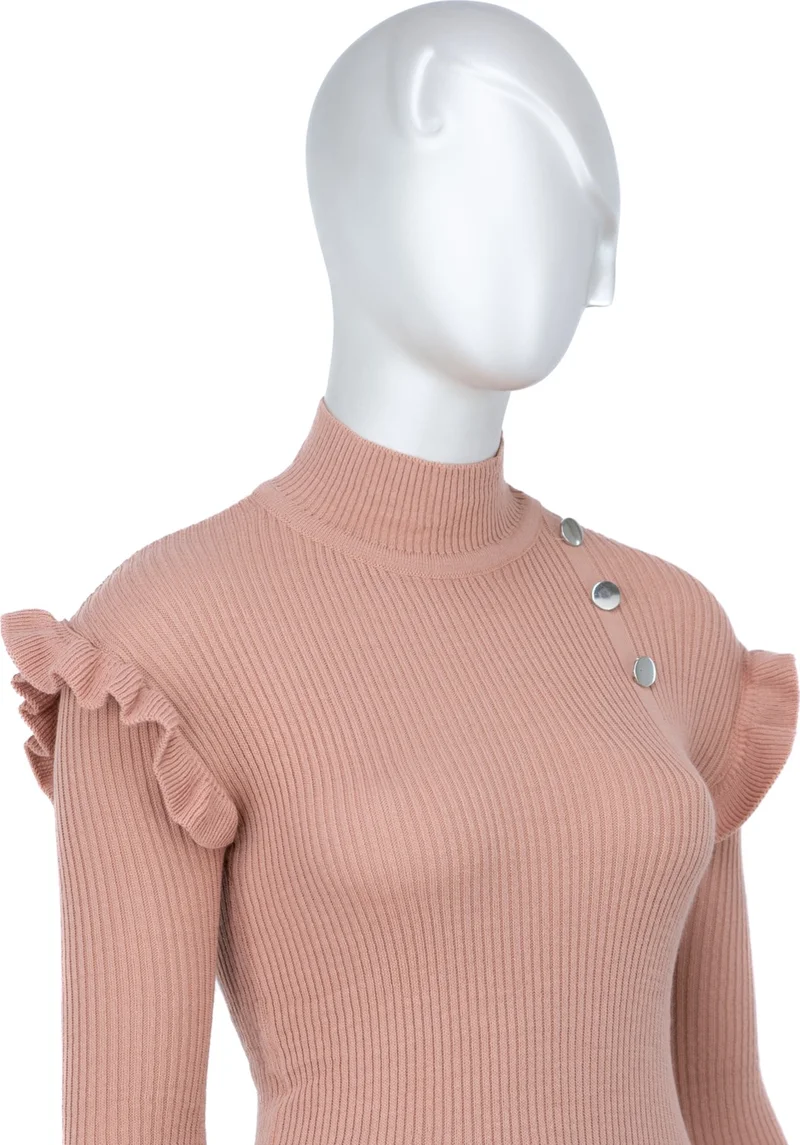 Oppland Women's Winter Sleeves Stylish Button Detailed Half Collar Ruffled Shoulders Long Sleeve Fitted Lycra Knitted Knitwear Badi Sweater
