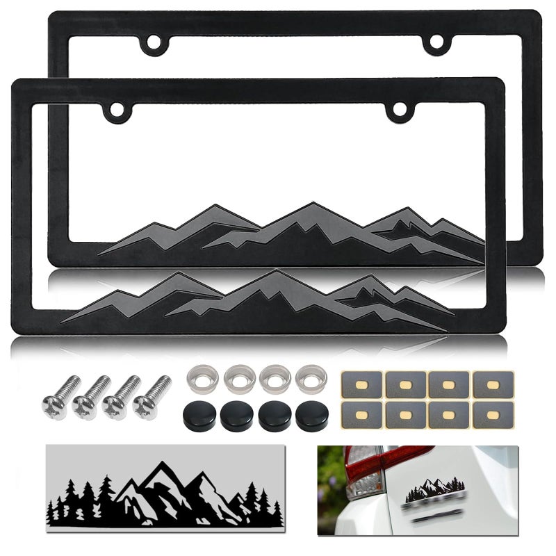 NJNYLLC Mountain License Plate Frames Plastic Car Tag Holders with Raised Mountain Design Gray on Black 2 Pack 2 Hole with Screws Caps Mountain Vinyl Sticker Included - Image 2
