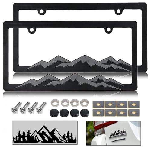 NJNYLLC Mountain License Plate Frames Plastic Car Tag Holders with Raised Mountain Design Gray on Black 2 Pack 2 Hole with Screws Caps Mountain Vinyl Sticker Included - Image 1