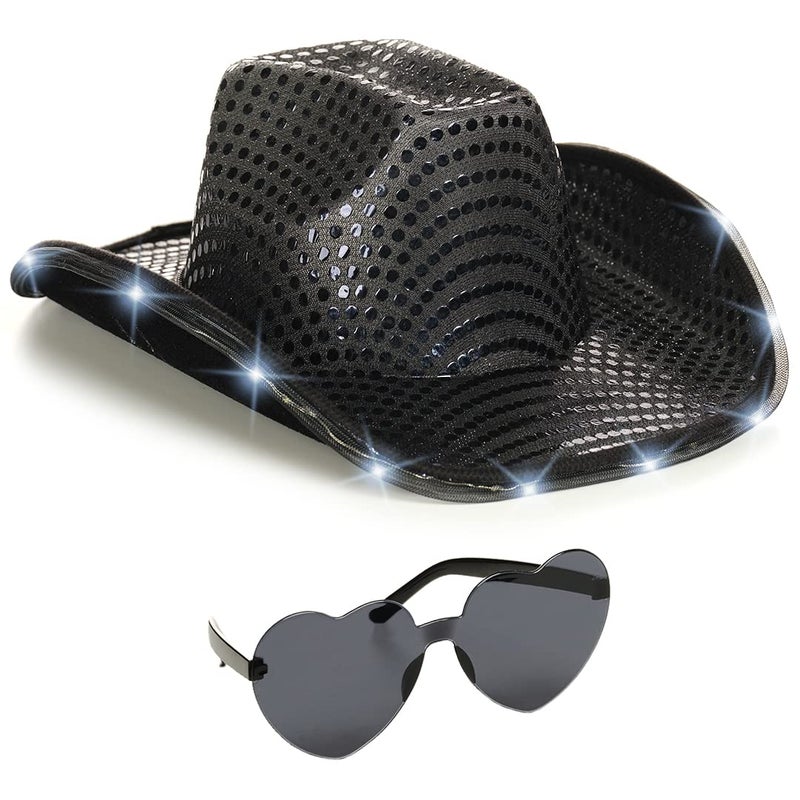Funcredible Black Light Up Cowboy Hat and Glasses Sparkly Disco Cowgirl Hat Sequin Cowboy Hats for Women Cowgirl Costumes for Girls - Image 2