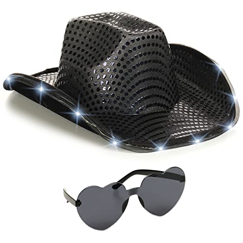 Funcredible Black Light Up Cowboy Hat and Glasses Sparkly Disco Cowgirl Hat Sequin Cowboy Hats for Women Cowgirl Costumes for Girls - Image 1