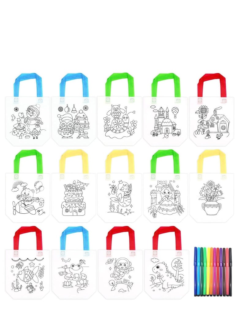 Captaintech 14 Pieces Graffiti Bag Non-Woven Kids Birthday Eco Reusable Party Gift Bags Colouring for DIY Schools Painting Filling Gifts Favor with 12 Pen  - Image 1