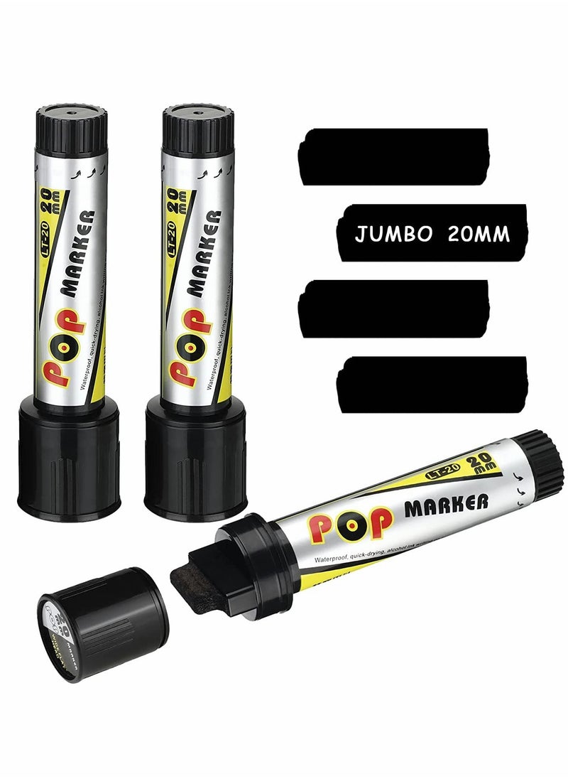 Y&D Acrylic Paint Marker Pens, 3 Pieces 20 mm Jumbo Black Pen Water Based Art Markers Broad Chisel Graffiti Pens Permanent Tagging for Stone Ceramic Glass Wood Rock Painting  - Image 1