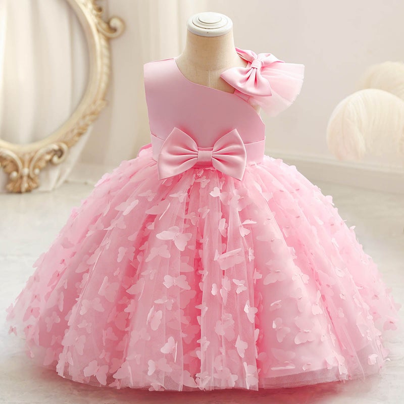 New girls solid color princess year-old bow puffy dinner performance dress year-old catch week dress wholesale Pink