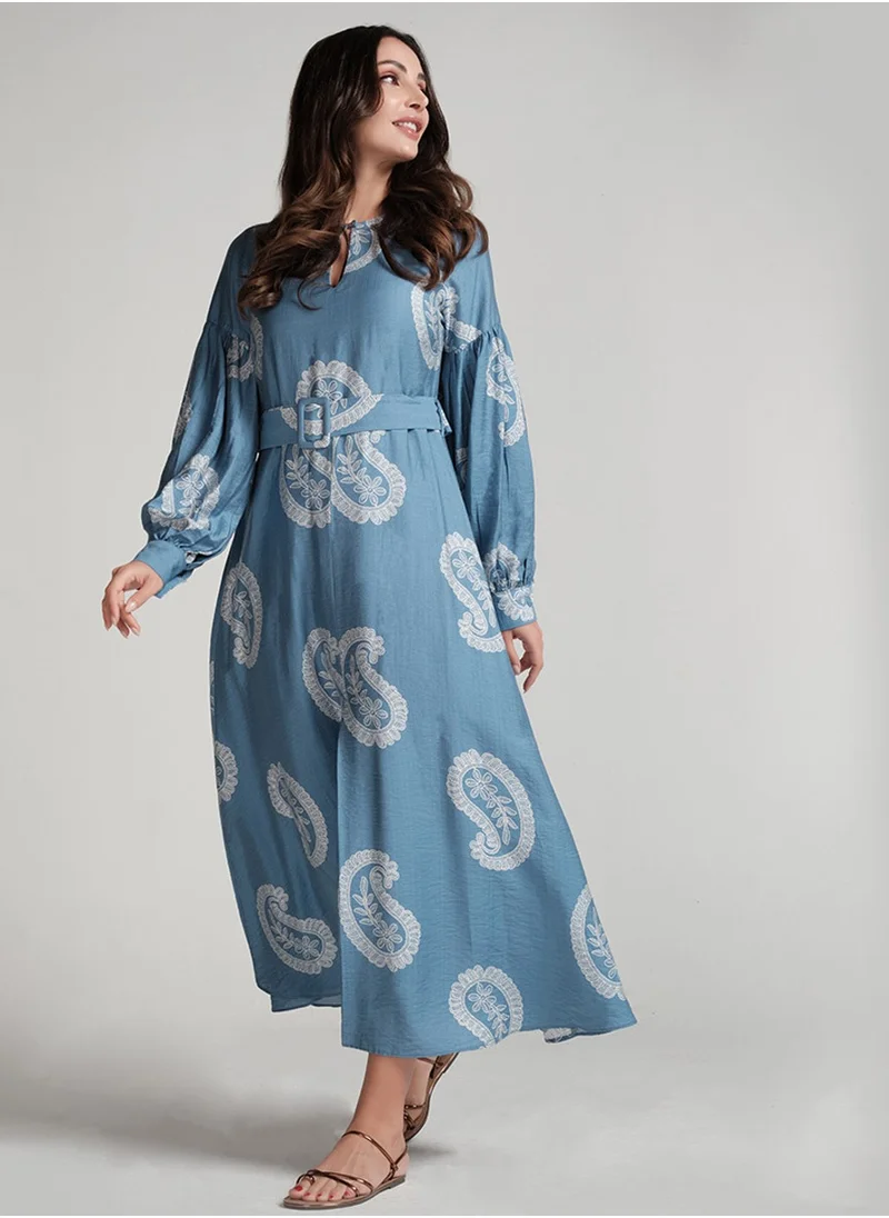 Zigzag Puffed Sleeve Printed Round Neck Dress-Blue Print