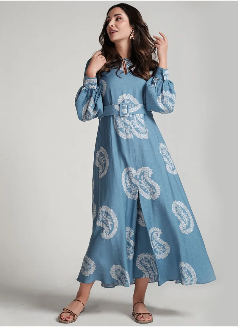 Zigzag Puffed Sleeve Printed Round Neck Dress-Blue Print