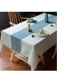 KASTWAVE Table Cloth Wrinkle Free Tablecloth Rectangle Table Cloths Tassle Tablecloth Table Cloth for Kitchen Dining Outdoor Table Beige Blue Stripe  - Image 1