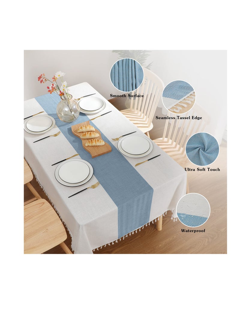 KASTWAVE Table Cloth Wrinkle Free Tablecloth Rectangle Table Cloths Tassle Tablecloth Table Cloth for Kitchen Dining Outdoor Table Beige Blue Stripe  - Image 5