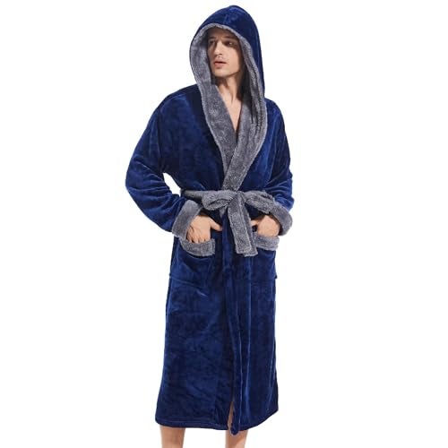 Inner Wish Mens Hooded Robe, Plush Long Bath robes Cozy Warm Bathrobe Fuzzy male Spa Robe With Pockets,NAVY BLUE+DARK GREY, L/XL - Image 1
