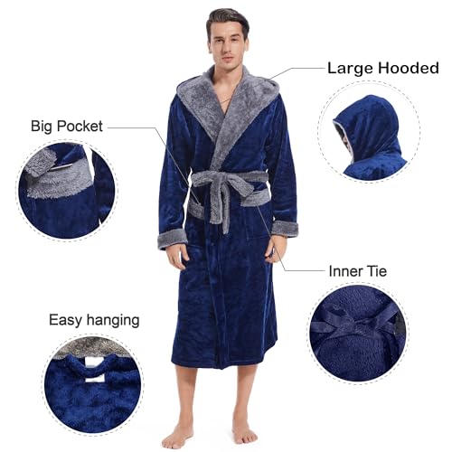 Inner Wish Mens Hooded Robe, Plush Long Bath robes Cozy Warm Bathrobe Fuzzy male Spa Robe With Pockets,NAVY BLUE+DARK GREY, L/XL - Image 4