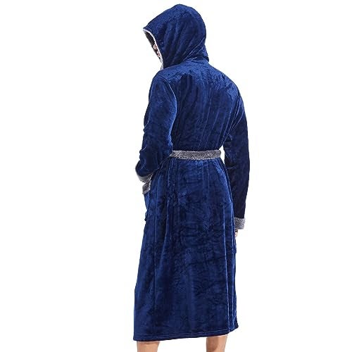 Inner Wish Mens Hooded Robe, Plush Long Bath robes Cozy Warm Bathrobe Fuzzy male Spa Robe With Pockets,NAVY BLUE+DARK GREY, L/XL - Image 3
