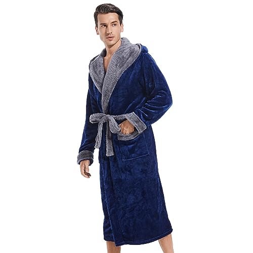 Inner Wish Mens Hooded Robe, Plush Long Bath robes Cozy Warm Bathrobe Fuzzy male Spa Robe With Pockets,NAVY BLUE+DARK GREY, L/XL - Image 2