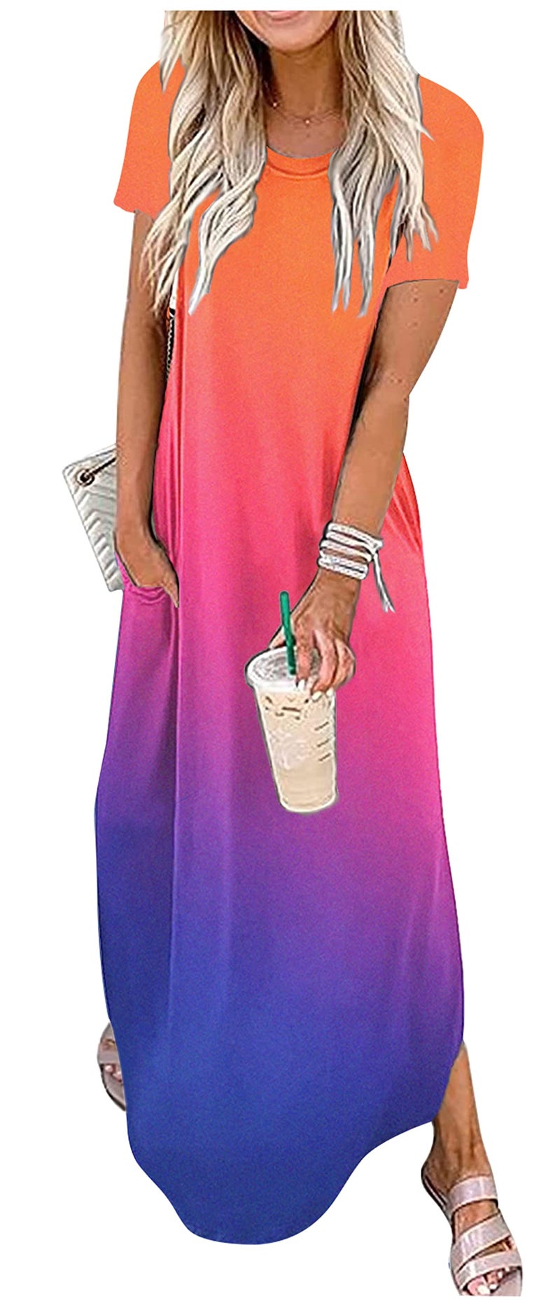 CHUNTIANRAN Women's 2023 Casual Loose Maxi Dress Summer Short Sleeve Beach Long Dresses T Shirts Sundress with Pockets(Gradient-Orange Blue,Small) - Image 5