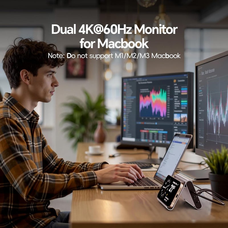 PULWTOP محطة توصيل USB C مزدوجة لشاشتين 4K لأجهزة MacBook Pro/Air M3 Pro/M4/M5، محطة توصيل لأجهزة الكمبيوتر المحمولة بشاشتين مزدوجة تدعم منافذ HDMI وPD وEthernet وUSB A/C بسرعة 10Gbps، بالإضافة إلى منافذ للصوت وذاكرة SD/TF وUSB 2.0. - Image 4