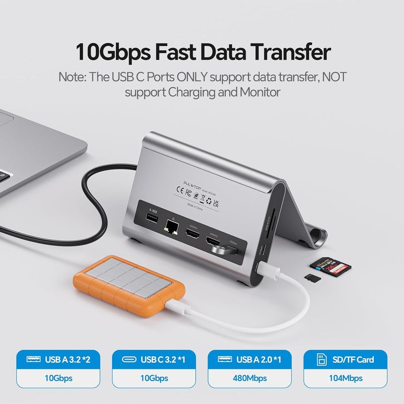 PULWTOP محطة توصيل USB C مزدوجة لشاشتين 4K لأجهزة MacBook Pro/Air M3 Pro/M4/M5، محطة توصيل لأجهزة الكمبيوتر المحمولة بشاشتين مزدوجة تدعم منافذ HDMI وPD وEthernet وUSB A/C بسرعة 10Gbps، بالإضافة إلى منافذ للصوت وذاكرة SD/TF وUSB 2.0. - Image 5
