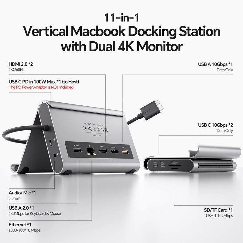 PULWTOP محطة توصيل USB C مزدوجة لشاشتين 4K لأجهزة MacBook Pro/Air M3 Pro/M4/M5، محطة توصيل لأجهزة الكمبيوتر المحمولة بشاشتين مزدوجة تدعم منافذ HDMI وPD وEthernet وUSB A/C بسرعة 10Gbps، بالإضافة إلى منافذ للصوت وذاكرة SD/TF وUSB 2.0. - Image 3