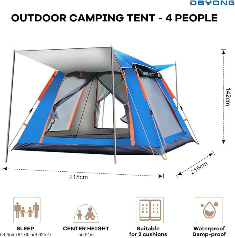 DAYONG Camping Tent, Automatic Pop Up Outdoor Tent, 3-4 Person Tent Instant with Hall Pole and Carry Bag, Portable Waterproof Tent Outdoor For Camping, Hiking, Mountaineering - Image 2