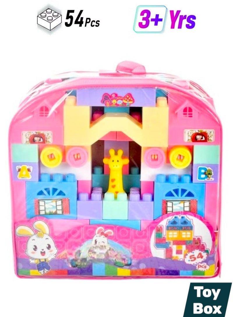 Toy Box 54 Pcs Happy Castle Building Blocks Set With Tote Bags For Storage Durable And Portable 3+ Years 