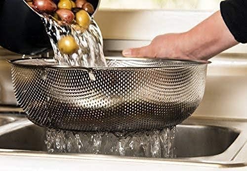 RHYDON Steel Kitchen Fruit Vegetable Rice Washing Baskets Strainer Drainer with Handle Stainless Steel MicroPerforated Colander Kitchen Strainer Sieve with Handle Silver - Image 3