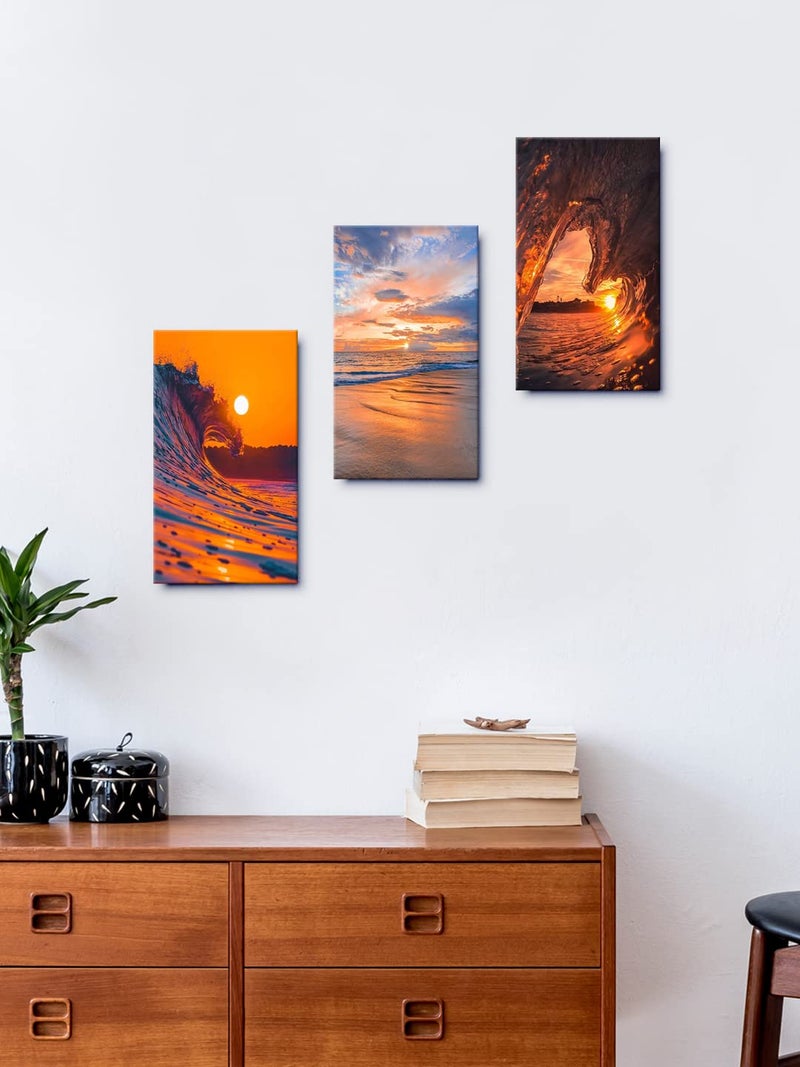 999STORE Beautiful Sunset On The Beach Waves home room décor framed stylish modern wall frames hanging items for living (Set of 3 Panels Paper Print 24X15 Inches) MDF3Frames022 - Image 1