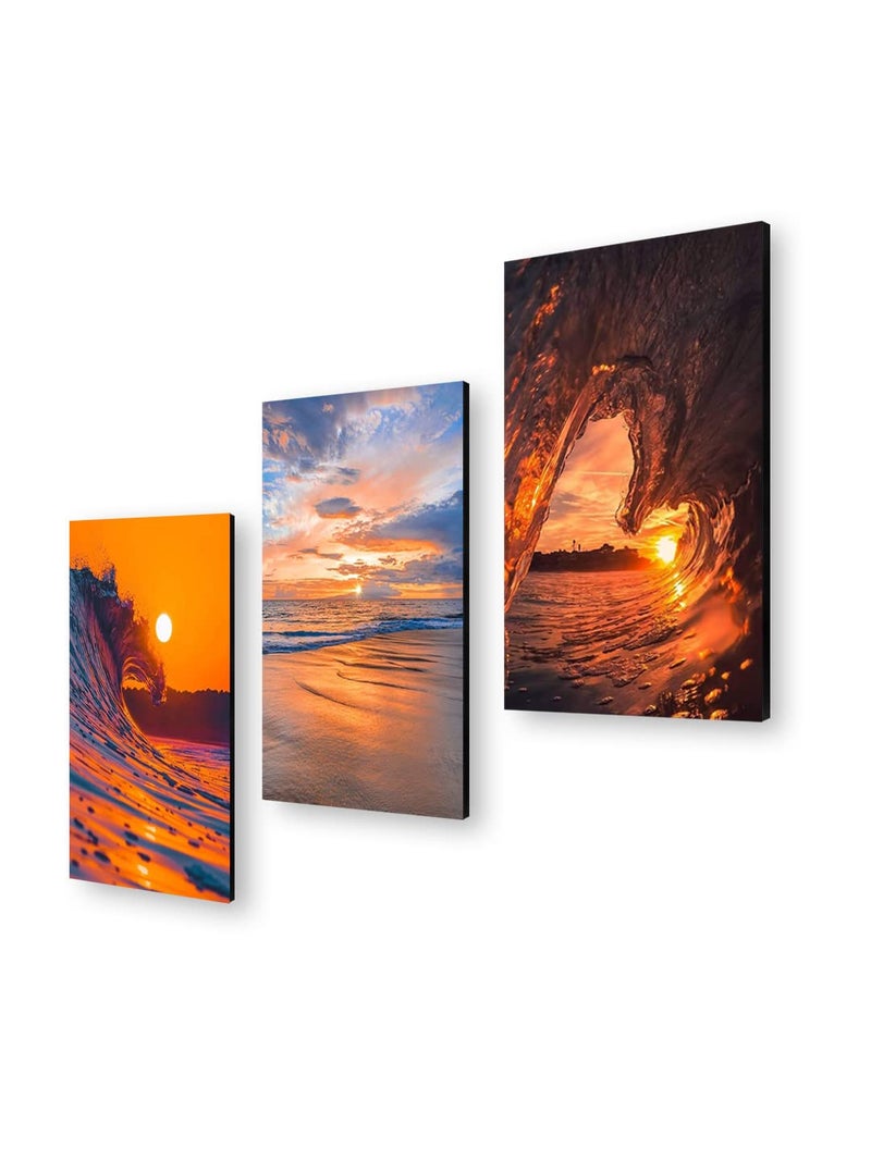 999STORE Beautiful Sunset On The Beach Waves home room décor framed stylish modern wall frames hanging items for living (Set of 3 Panels Paper Print 24X15 Inches) MDF3Frames022 - Image 3