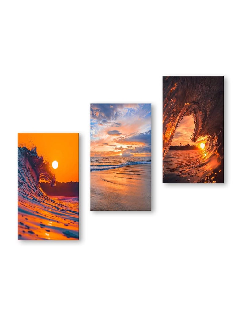 999STORE Beautiful Sunset On The Beach Waves home room décor framed stylish modern wall frames hanging items for living (Set of 3 Panels Paper Print 24X15 Inches) MDF3Frames022 - Image 2