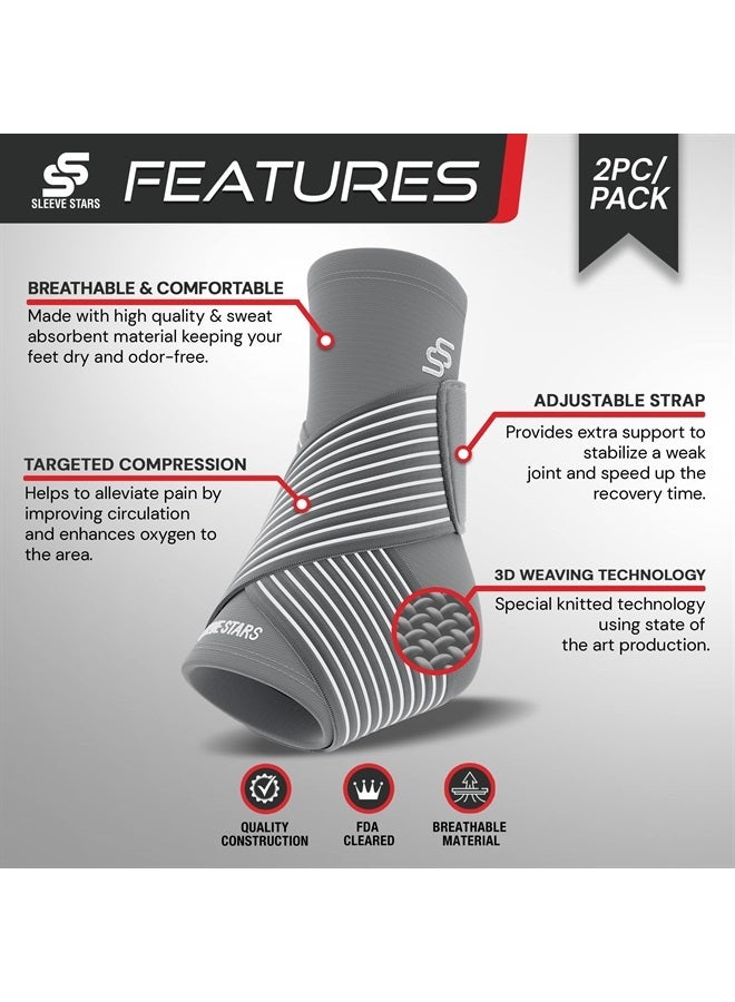 SS SLEEVE STARS Brace for Women & Men, Plantar Fasciitis Relief for Ankle Compression Sleeve With Support Strap, Tendonitis, Sprain And Heel Protector - Pair And Gray  - Image 3