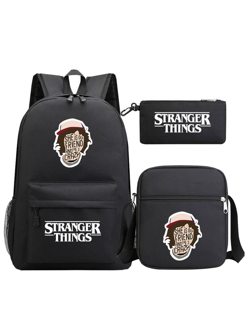 Three piece set of printed youth student school backpack, men's and women's shoulder bags, large capacity backpack, black