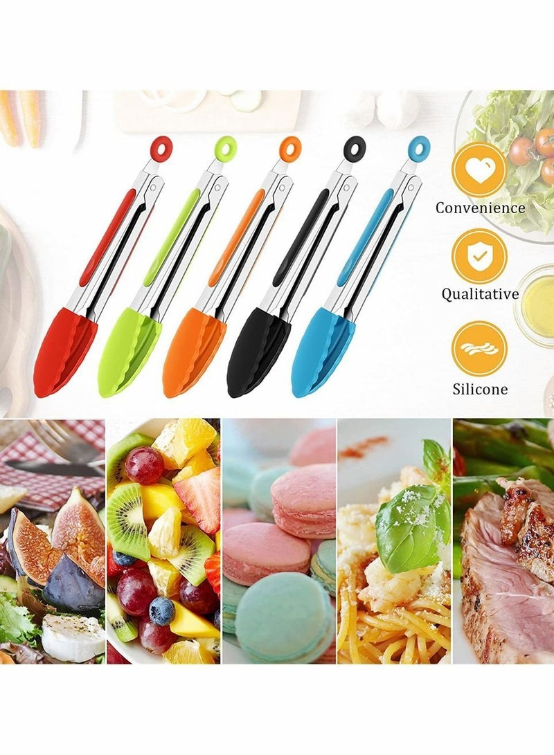واي آند دي 7 Inch Silicone Tongs, Mini Kitchen Tongs With Tips Small Serving Stainless Steel Cooking For Salad, Grilling, Frying And (Black, Red, Blue, Orange, Green, 5 PCS)  - Image 5